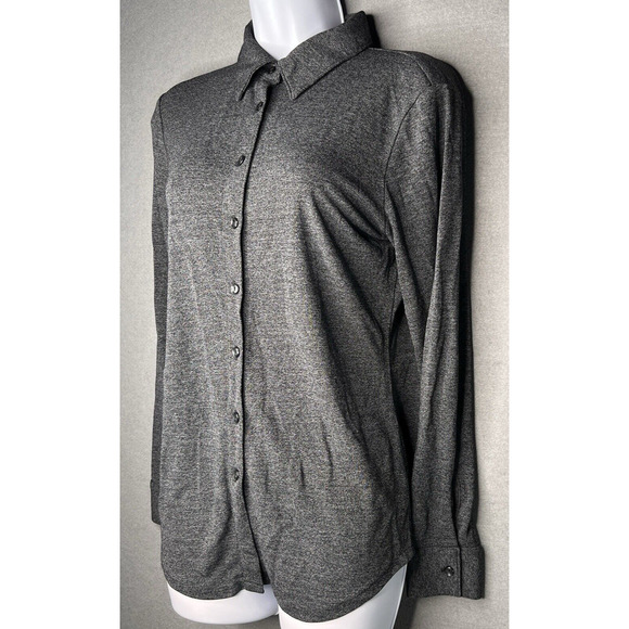 Express Stretch Button Front Shirt Top LARGE Heathered Gray Collared Long Sleeve - Picture 2 of 8